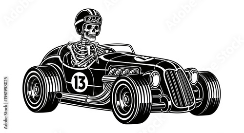 Skeleton Racing Driver in Vintage Hot Rod Car Vector Illustration