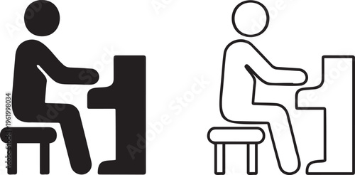 Piano player pictograms in solid and outline styles, musician sitting at a piano keyboard vector, pianist performing on a stool icons