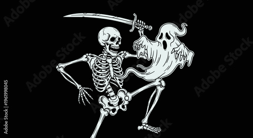 Vintage skeleton warrior holding a sword with a screaming ghost apparition, hand drawn gothic horror vector illustration on black background