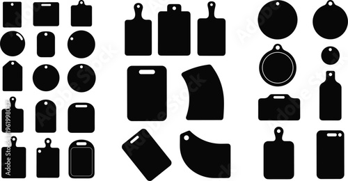 Cutting boards silhouettes collection with kitchen utensil shapes, black chopping board icons set for cooking design, food preparation and vector illustration