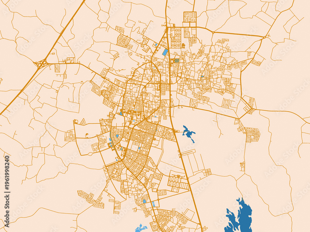 Obraz premium City map of Sakakah, Saudi Arabia — soft ivory map base with ochre-gold streets and clear blue water shapes for crisp contrast