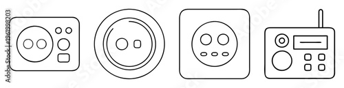 Outlined illustration of electrical sockets, European power outlets and a radio receiver