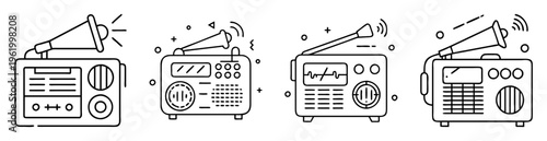 Vintage radio collection with horn speakers, outlined design, retro technology