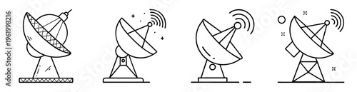 Collection of line art illustrations of various satellite communication dishes and equipment