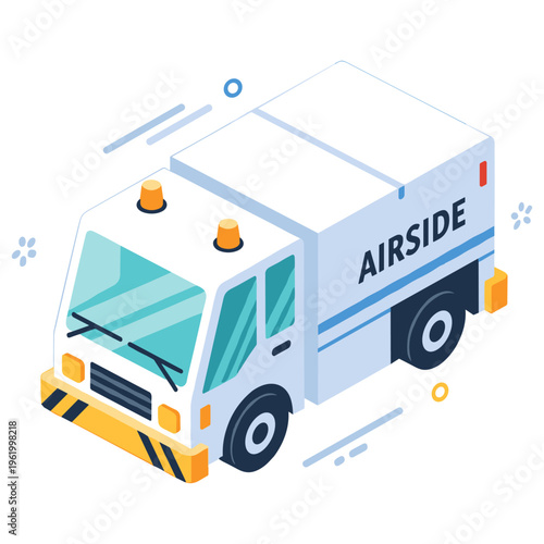 Isometric airside service vehicle illustration: airport operations and support equipment. No editable stroke