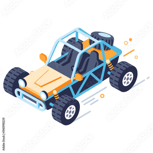 Isometric cartoon dune buggy with blue frame and large off-road tires. No editable stroke