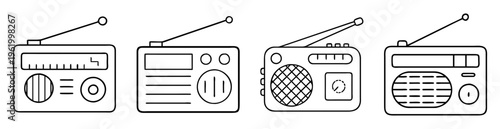 Outline illustration of four retro radios with differing designs and antennas