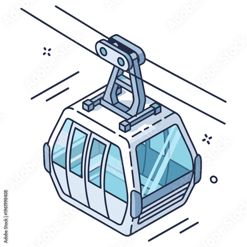 Isometric cable car illustration with blue-tinted windows on white background. No editable stroke