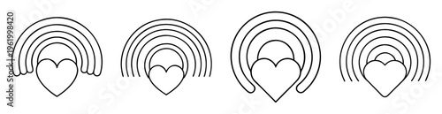 Four identical hearts under rainbows, black and white line art design