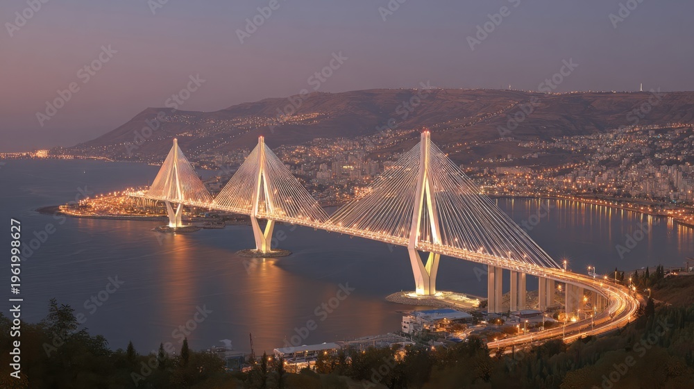 Obraz premium Modern suspension bridge illuminated at dusk over water with city lights and distant hills