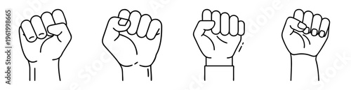 Four graphic minimalist black and white fists raised in the air