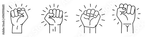 Four stylized fists raised in protest with rays emanating from them