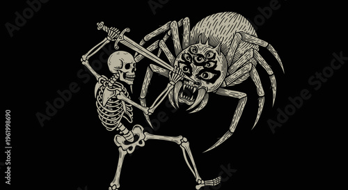 Skeleton Warrior Fighting a Giant Many-Eyed Spider Monster with a Sword, Gothic Fantasy Woodcut Style Illustration