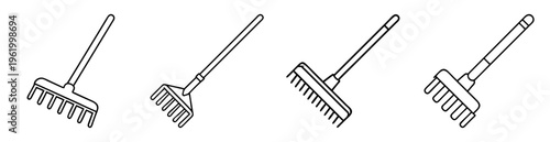 Minimalist line art illustration of four different rakes for yard work