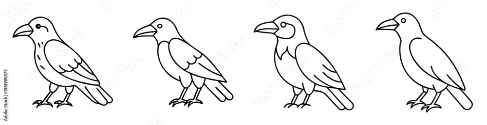 Fototapeta premium Four outline illustrations of crows or ravens standing side by side