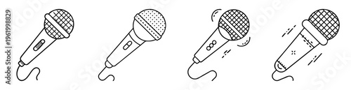 Four stylized microphones in a vector art design with cables