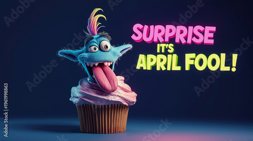 A wide-eyed blue monster with a rainbow mohawk pops out of a swirling pink cupcake. Features a giant tongue and 3D text reading 