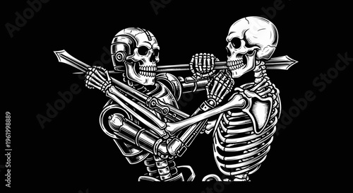 Cyborg Skeleton Fighting Human Skeleton with Swords, Futuristic Battle Vector Illustration in Woodcut Style