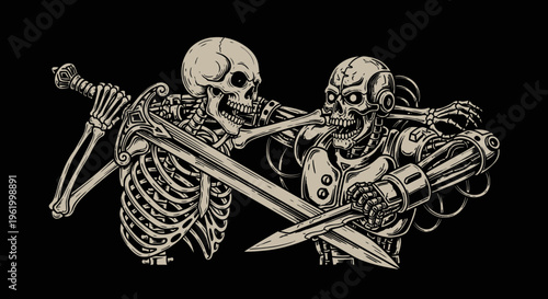 Skeleton vs Cyborg Warrior Duel, Epic Battle Between Undead and Machine with Swords Vector Illustration