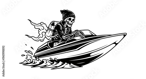 Skeleton Character Wearing a Beanie and Backpack Driving a Fast Speed Boat Vector Illustration