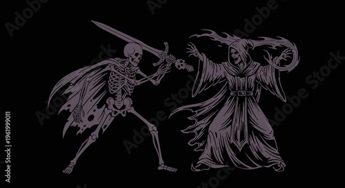 Fantasy battle illustration between a skeleton warrior with a sword and a hooded necromancer mage casting magic spells on a dark background.