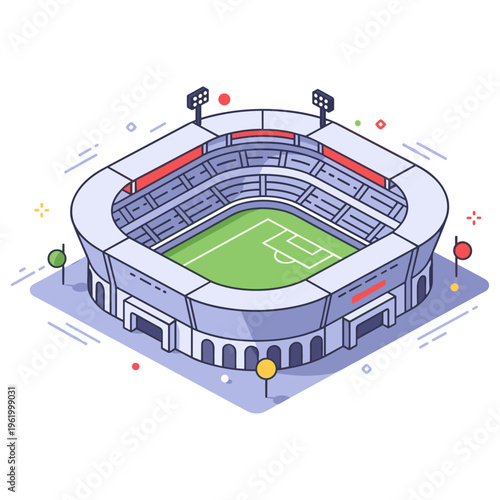 Modern stadium illustration with soccer field and colorful elements