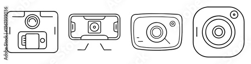 Stylized illustration of various camera types in line art depiction