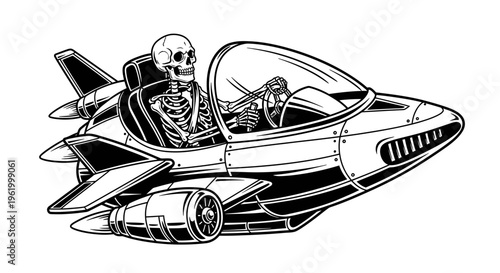 Skeleton Pilot Flying a Retro Futuristic Jet Plane Vector Illustration