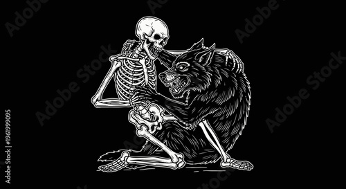 Gothic Vector Illustration of a Human Skeleton Embracing a Snarling Wolf, Dark Primal Art Style