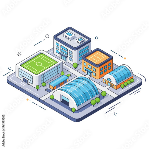 Isometric city block with sports facilities and modern buildings
