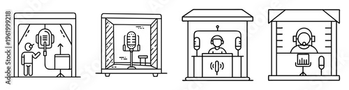 Outlined cartoon depictions of individuals inside sound recording booth or media studio