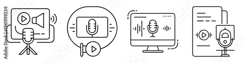Minimalist line art depicting various aspects of podcasting and audio recording