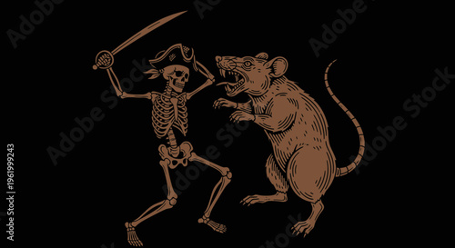Vintage Woodcut Style Vector Illustration of a Skeleton Pirate Fighting a Giant Aggressive Rat on Black Background