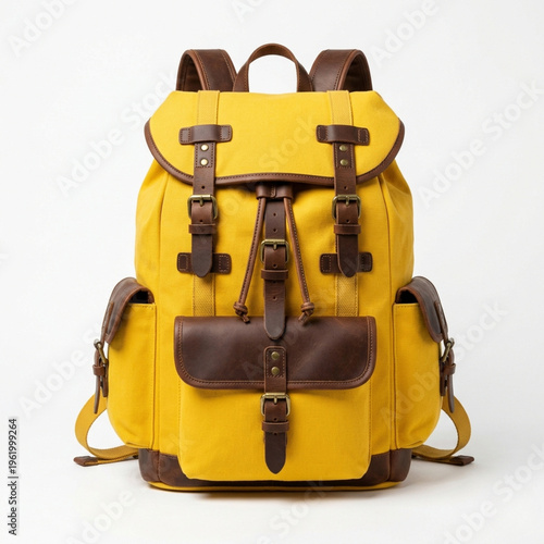 A bright yellow backpack with brown leather accents and multiple buckles stands against a white background
