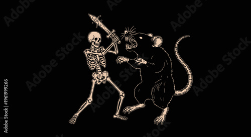 Vintage Woodcut Illustration of a Skeleton Warrior Fighting a Giant Monstrous Rat with a Sword