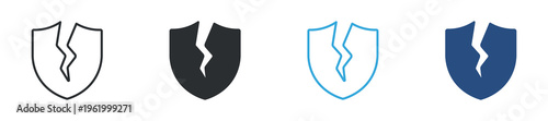 Broken Shield Icon Set, Security Protection Failure Symbols, Vector Illustration