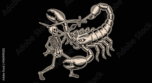 Skeleton Warrior Fighting a Giant Monster Scorpion with Sword Vintage Vector Illustration