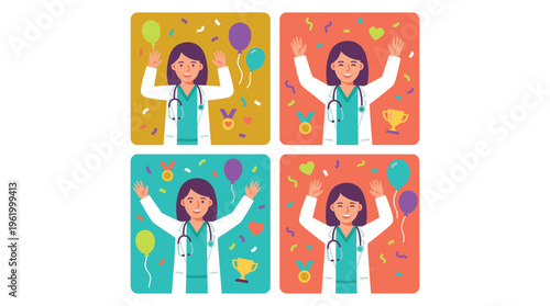 Happy healthcare doctor celebrating professional clinical accomplishments and medical career triumphs with confetti and awards