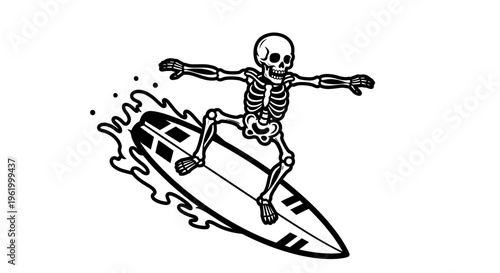 Hand Drawn Vector Illustration of a Human Skeleton Character Surfing on an Ocean Wave, Black and White Graphic for T-Shirt or Logo