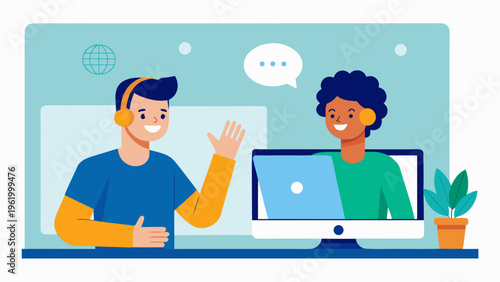 Remote workers, online meeting, communication icons, flat design