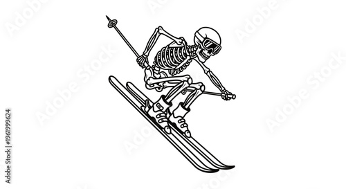 Skeleton Skier Vector Illustration, Downhill Skiing Skeleton Wearing Helmet and Goggles Line Art