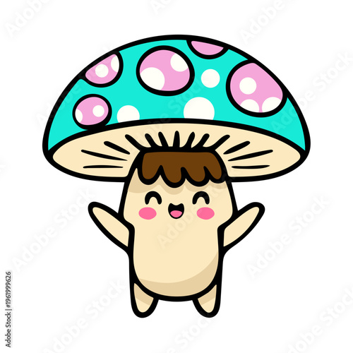 A cheerful cartoon character hiding under a colorful mushroom with a vibrant cap