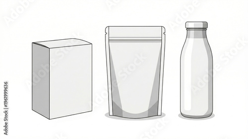 Minimalist Vector Packaging Outline Set: Box, Pouch, and Bottle