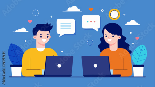 Flat design people, working on laptops, chatting, office collaboration