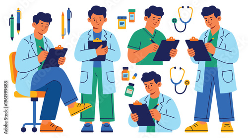 Professional healthcare medical doctors and clinical staff performing daily duties, essential health services illustrations