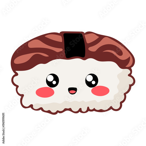 A cute cartoon sushi roll with a smiling face and rosy cheeks