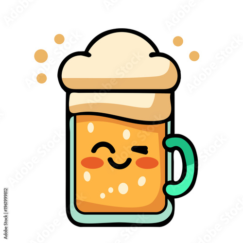A cheerful cartoon beer mug with a smiling face and winking eye, surrounded by bubbles