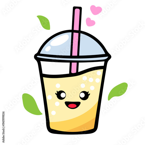 A cute cartoon illustration of a smiling drink cup with a straw and leaves