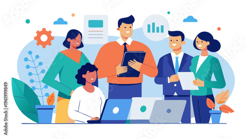 Business team, office workers, collaboration, laptops, vector illustration