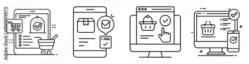 Online Shopping Confirmation Process Across Multiple Devices Black and White Design